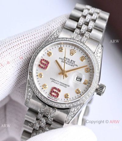 Swiss Copy Rolex Datejust Ruby Diamond Dial Stainless Steel Watch Lady Size